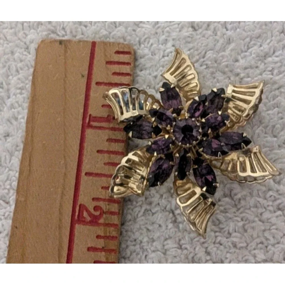 Purple Rhinestone Gold Tone Floral Brooch Signed KRAMER OF NEW YORK Vintage Pin